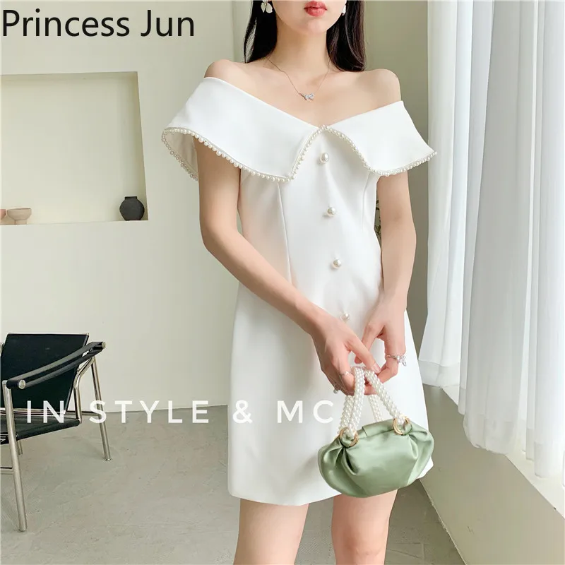 

French Hepburn Women Fashion Pearl White Dress Peter Pan Collar Off Shoulder A Line Mini Dress Summer Holiday Fairy Party Dress