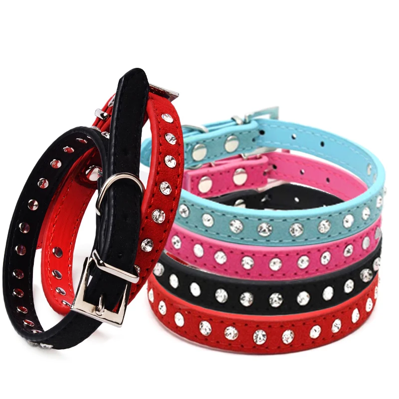 

Bling 1 Row Rhinestone Small Dog Collars Suede PU Leather Adjustable Diamante Crystal Puppy Kitten Necklace For Chihuahua Teddy