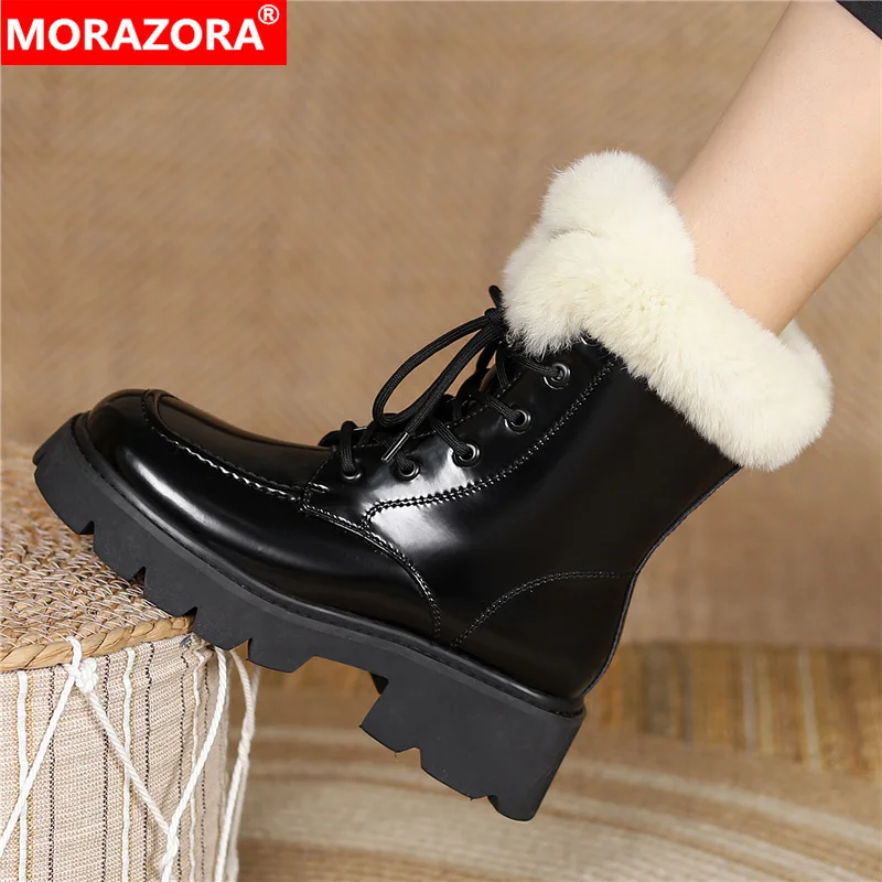 

Женские ботильоны из коровьей кожи MORAZORA, Черные ботильоны из коровьей кожи на толстом меху, со шнуровкой, на платформе, новинка зимнего сезона 2022