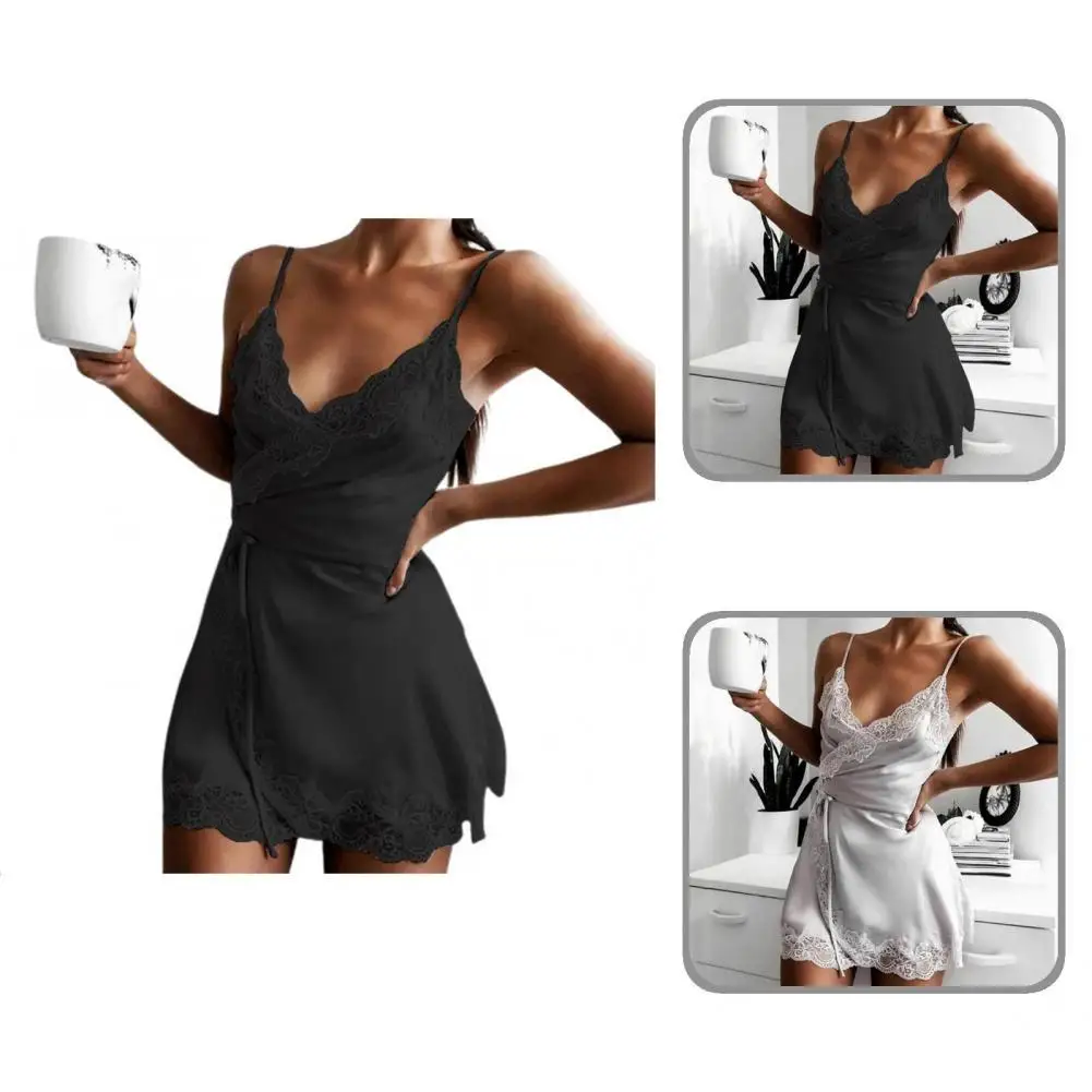 

Nightgown Solid Color Skin-friendly Deep V Neck Spaghetti Straps Backless Mini Nightgown