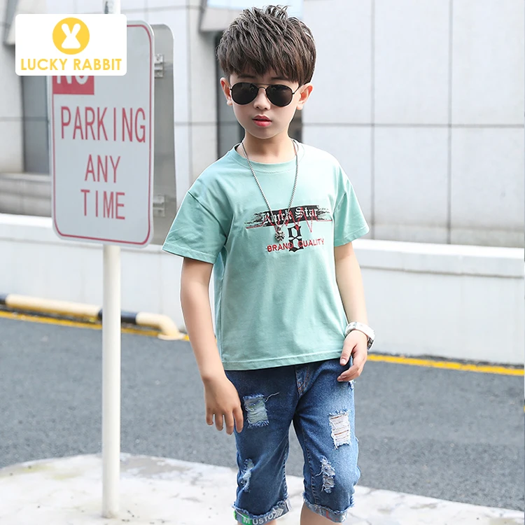 Children Cute Fashion Summer Kids Boy Clothes 2 Piece Set White T-Shirt Shredded Jeans 5-14 Years |