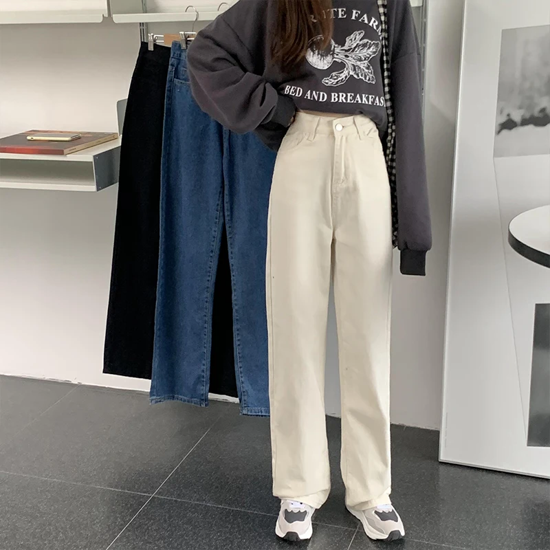 

Джинсы женские осенние с широкими штанинами, мешковатые черные ковбойские брюки с завышенной талией, студенческие повседневные удобные подходящие ко всему искусственные