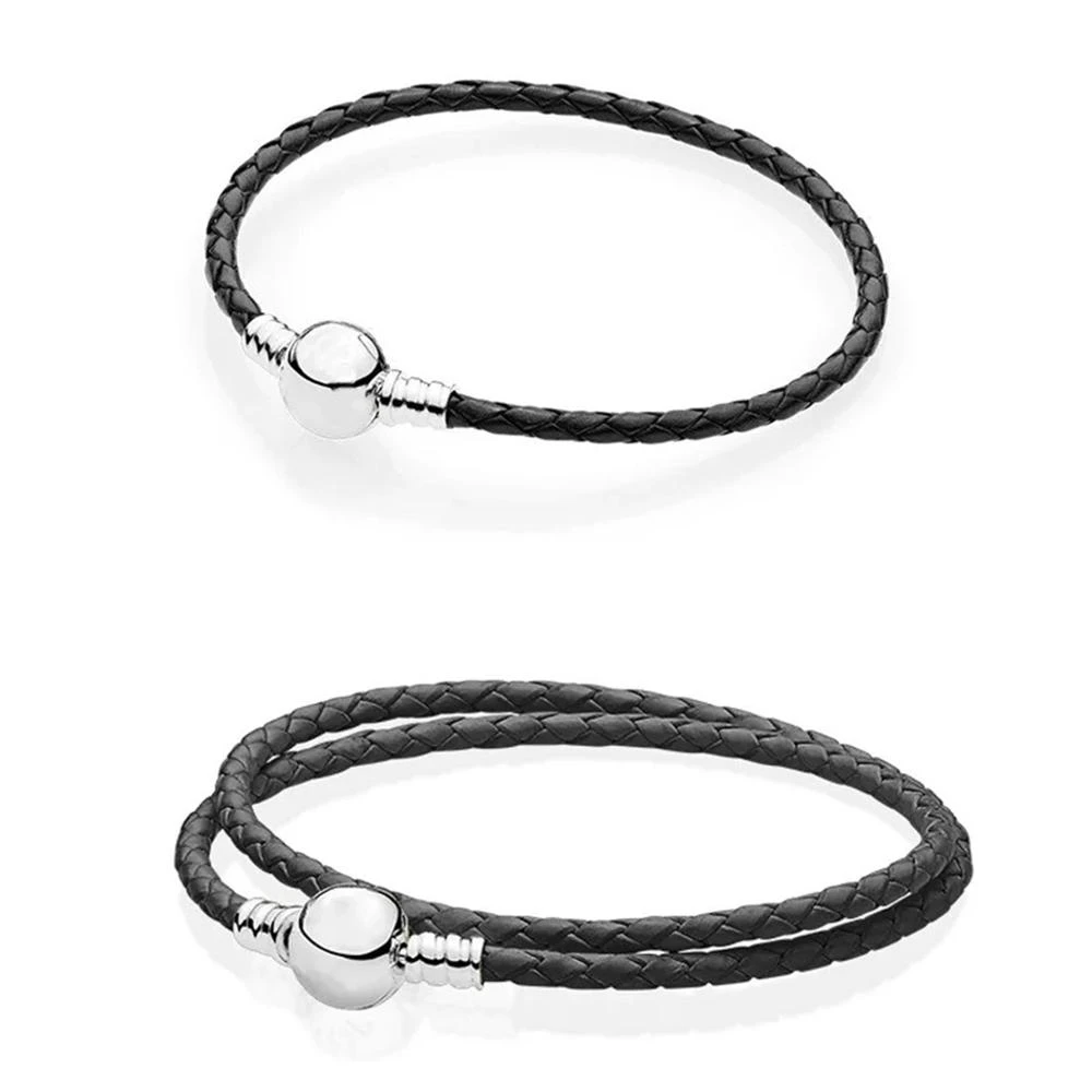 

Baofu New Original 925 Sterling Silver Bracelet Black Leather Round Signature Bracelet, Suitable For Women DIY Fashion Jewelry