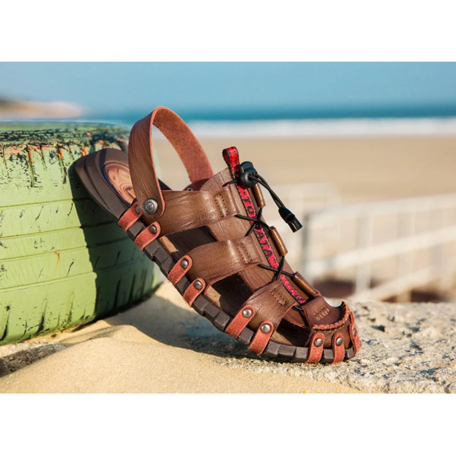 ☆ Самая низкая цена гарантирует мужские уличные сандалии кожаные пляжные