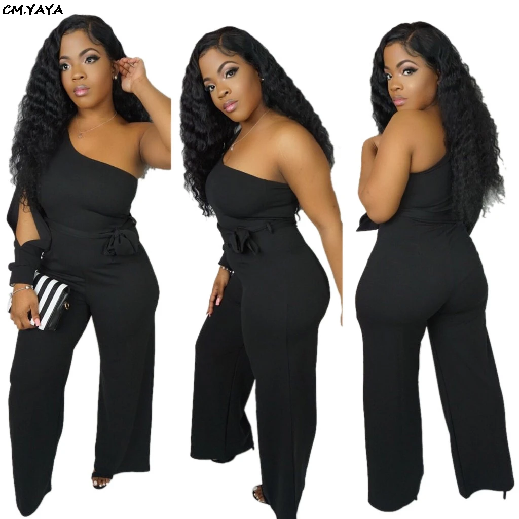 Женский прямой длинный комбинезон на одно плечо с вырезами и длинным рукавом