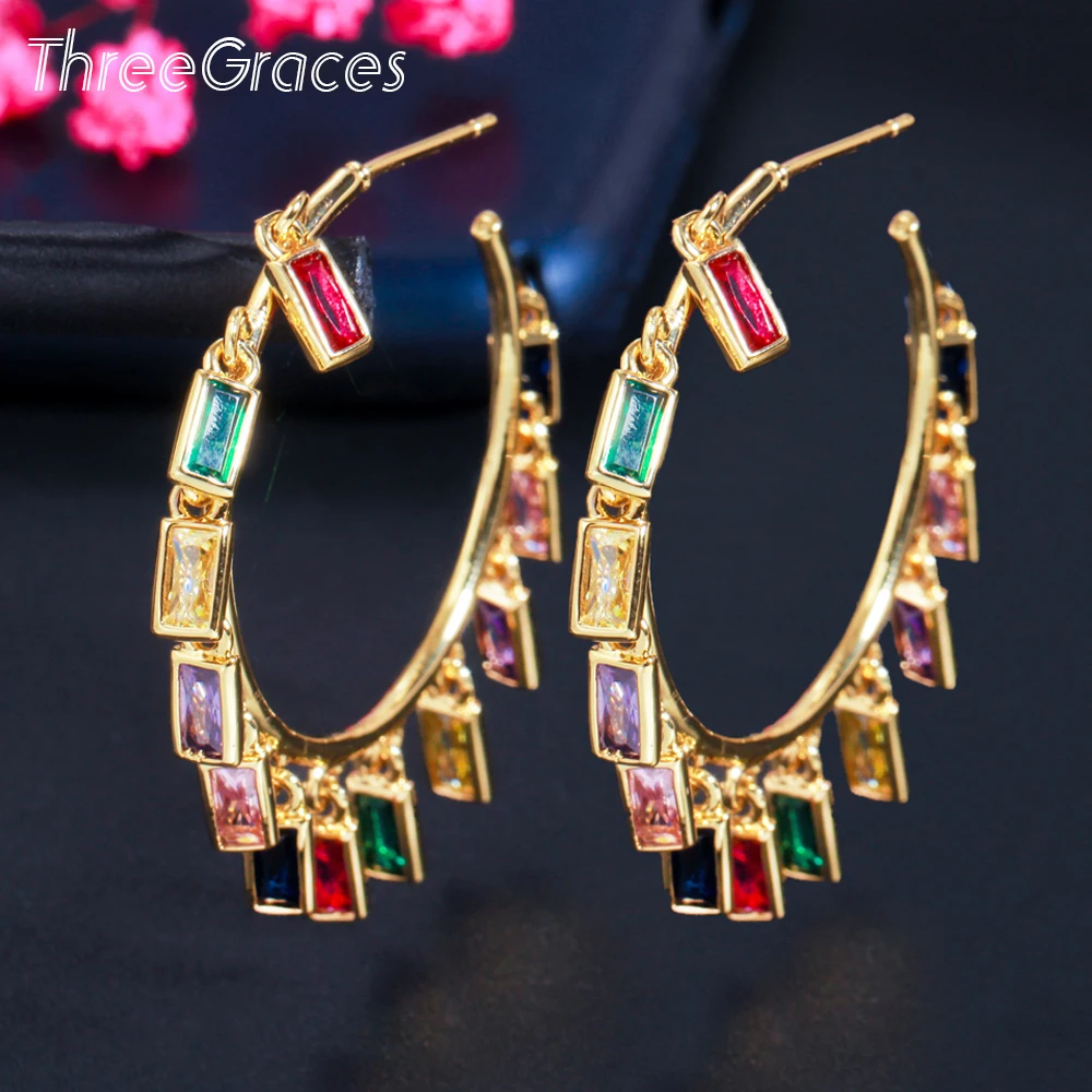 

ThreeGraces Designer Multicolor Cubic Zirconia Crystal Gold Color Geometry Drop Hoop Earrings for Women Prom Party Jewelry ER537