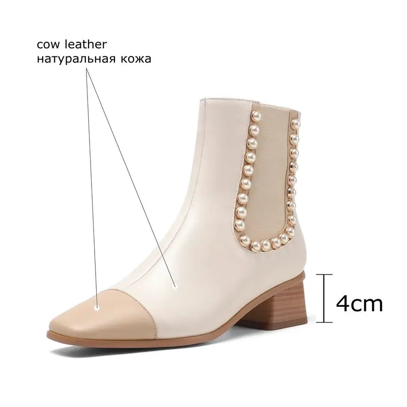 

ALLBITEFO size 34-43 bead design thick heel real genuine leather Elastic band ankle boots fashion high heel shoes women boots