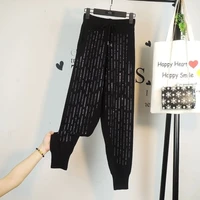 rhinestone knitted pants womens sweatpants elastic high waist female casual loose streetwear fashion joggers ankle length