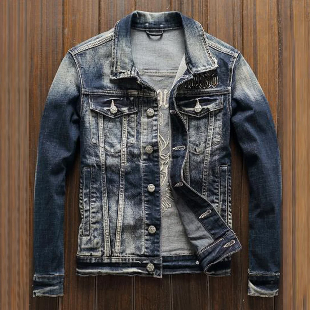

Original Biker Mens Denim Jacket Summer Slim Fit Male Suit Jeans Jackets and Coats Plus Size 3XL Devil Embroidery Pattern A987