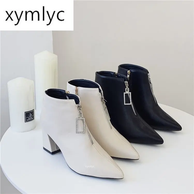 

Autumn winter boots female 2020 new women's shoes square head with ladies high heels side zipper short tube women's boots