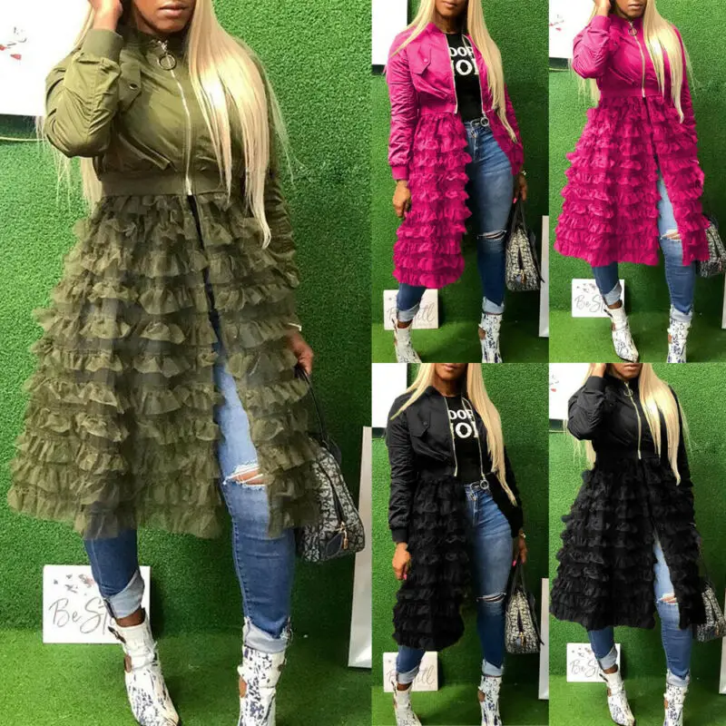 Женская длинная куртка Goocheer повседневная сетчатая на молнии с длинными рукавами