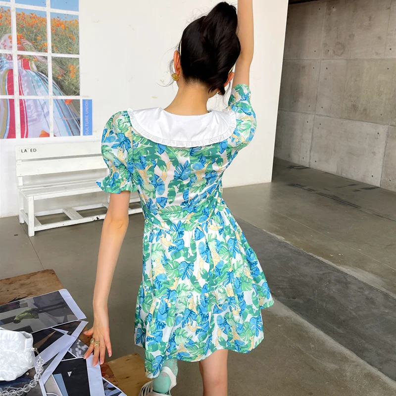 

Kimotimo Design Print Puff Sleeve Dress Women Sweet Turn-down Collar Waist A-Line Dress Ins 2021 Summer Office Lady Vestidos