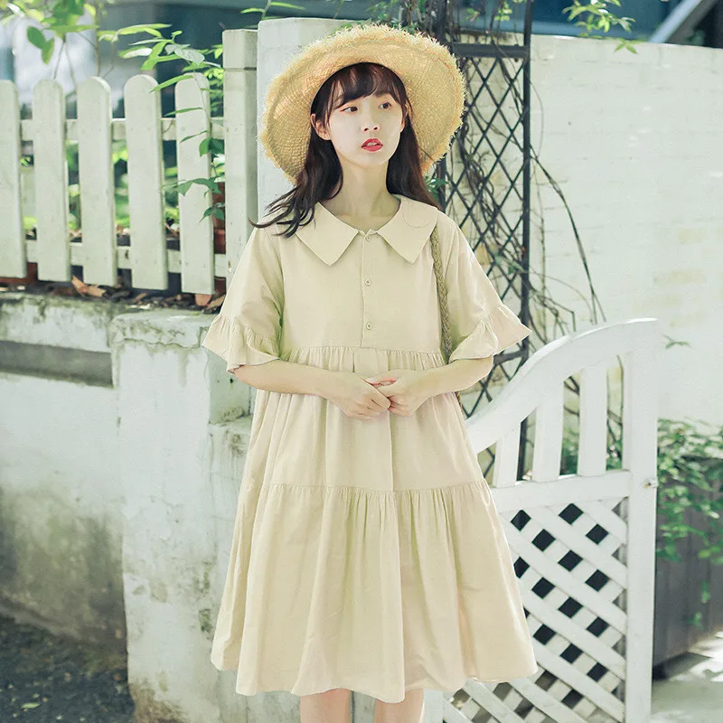 

Women Lovely Long Dress Sweet Peter Pan Collar Short Sleeve Patchwork Dress Plus Size Loose Vestidos Korean Style Fashion Summer