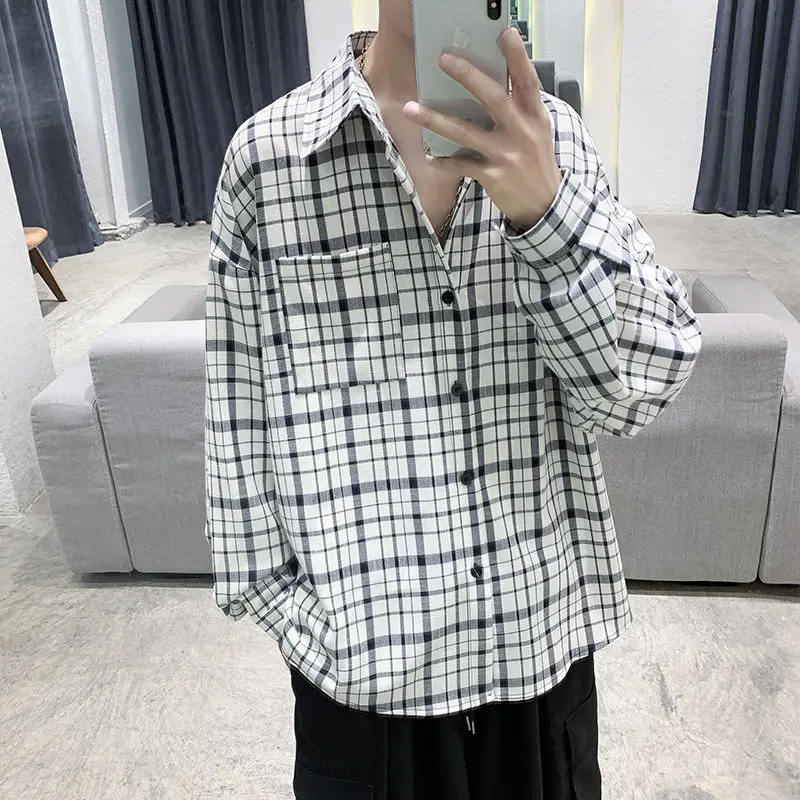 

2020 Autumn New Man's Korean Style Plaid Trendy Shirt Largw Size Long Sleeve Loose Casual Camisa