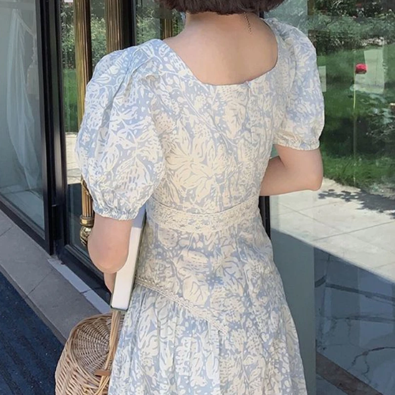 

KUSAHIKI Korean Floral Elegant Slim Waist Dresses Puff Sleeve Square Collar 2021 New Women Dress Causal Fashion Vestidos 6G990