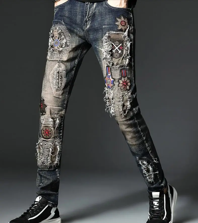 Patch Mens Classic Embroidery Rock Hip Hop Vintage Blue Ripped Hole Slim Fit Denim Trousers Stretch Biker Jeans For Men
