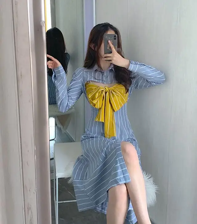 Женское однобортное платье в полоску длинное ажурное платье-рубашка с длинным