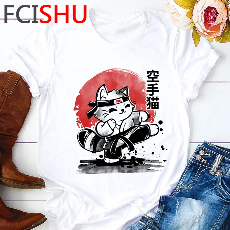 Kawaii Cat аниме Harajuku футболка для женщин Ullzang забавными кошками футболки с героями