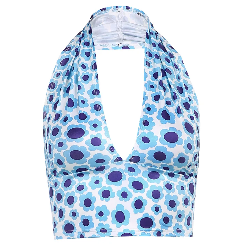 

Oeak Y2K Aesthetic Corset Tops Women Floral Print 2000s Cute Baby Tee Shirt Backless Deep V Neck Halter Tank Top Summer