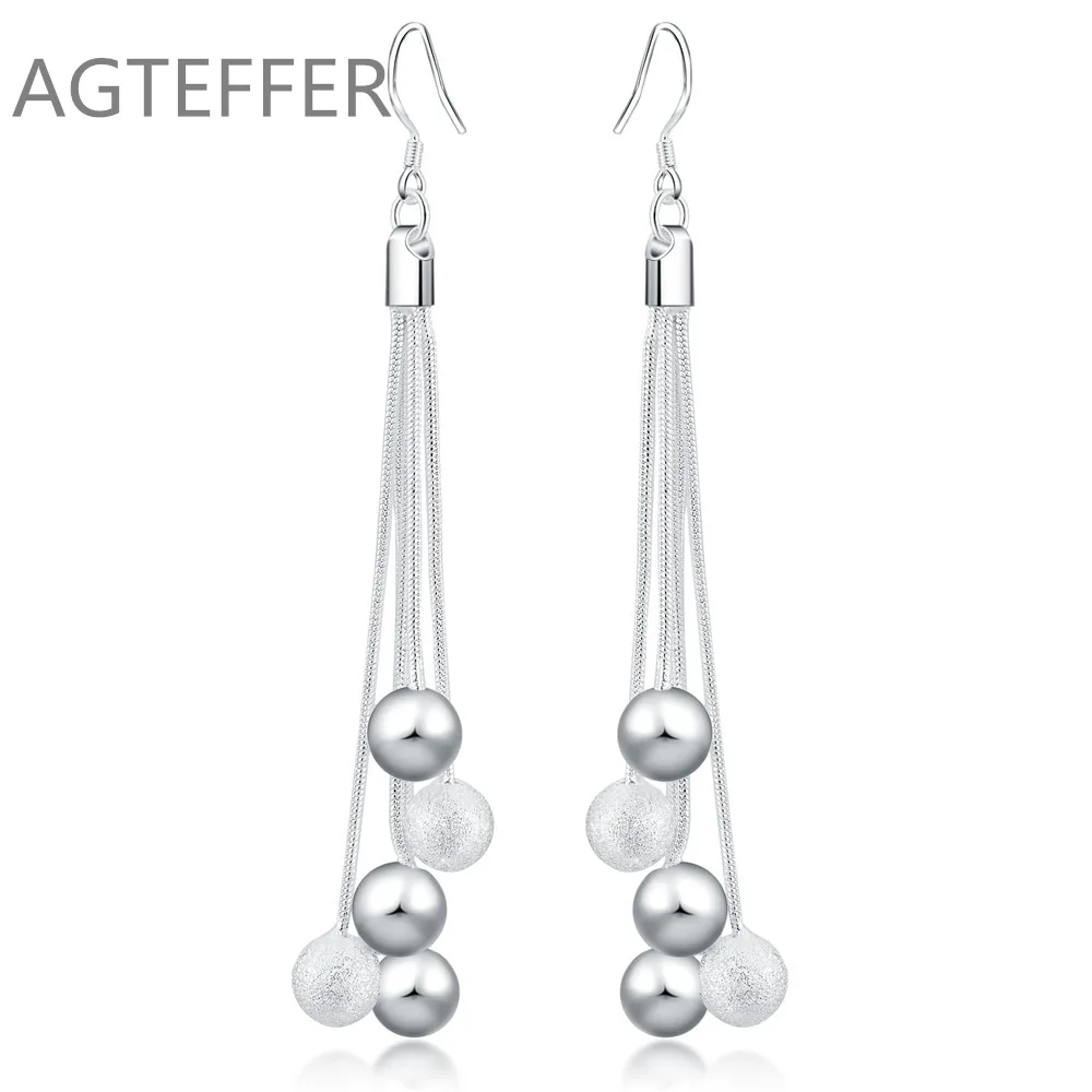 

AGTEFFER 925 Sterling Silver Five Line Snake Chain Smooth Frosted Beads Ball Earring For Women Wedding Engagement Party Jewelry