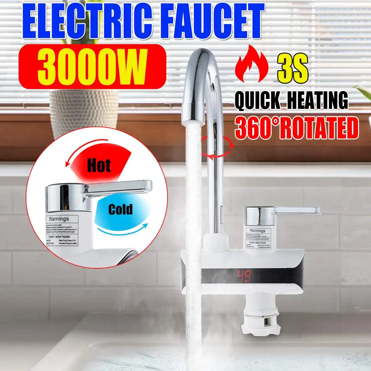 

3000W 220V мгновенный Электрический кран горячий/холодной воды нагреватель из нержавеющей стали под приток с светодиодный Дисплей Ванная комна...