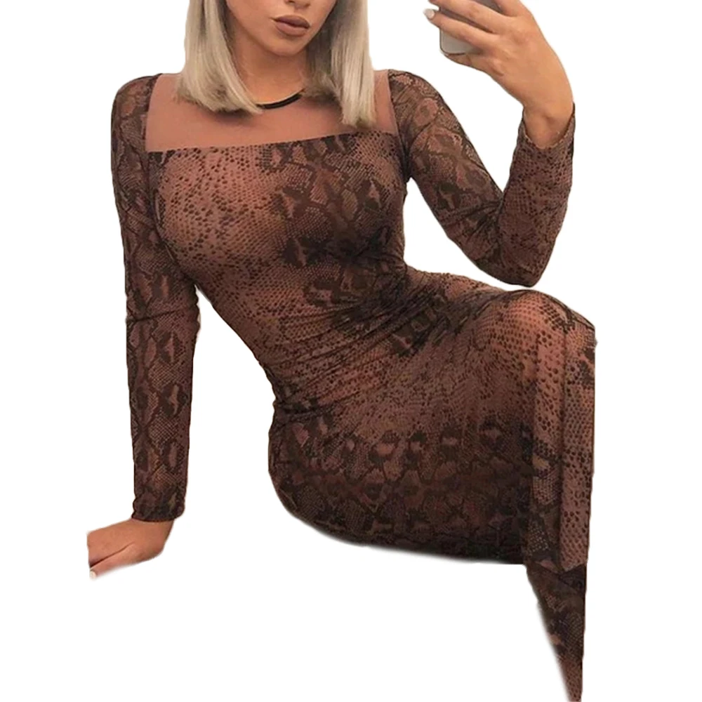 Сексуальные женские платья с длинным рукавом и леопардовым принтом облегающие