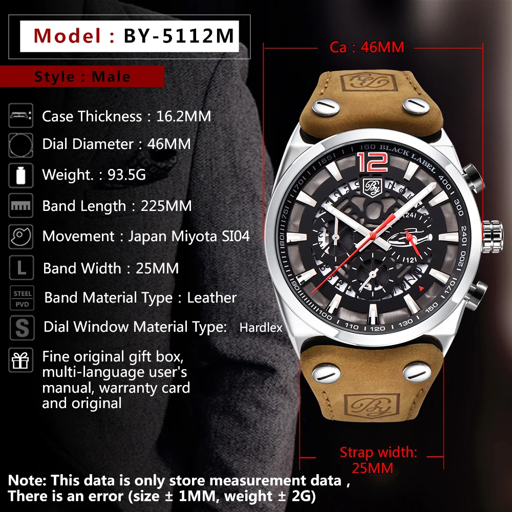 BENYAR Chronograph Sport Mens Watches Fashion Brand Military Waterproof Leather strap Quartz Watch Clock Relogio Masculino enlarge