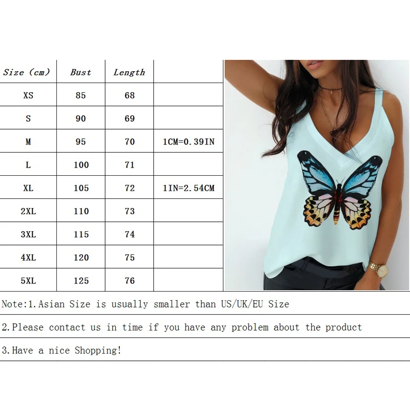 

Women Summer Butterfly Printed Sleeveless Tops Ladies Casual V Collar Loose Vest Plus Size Vest