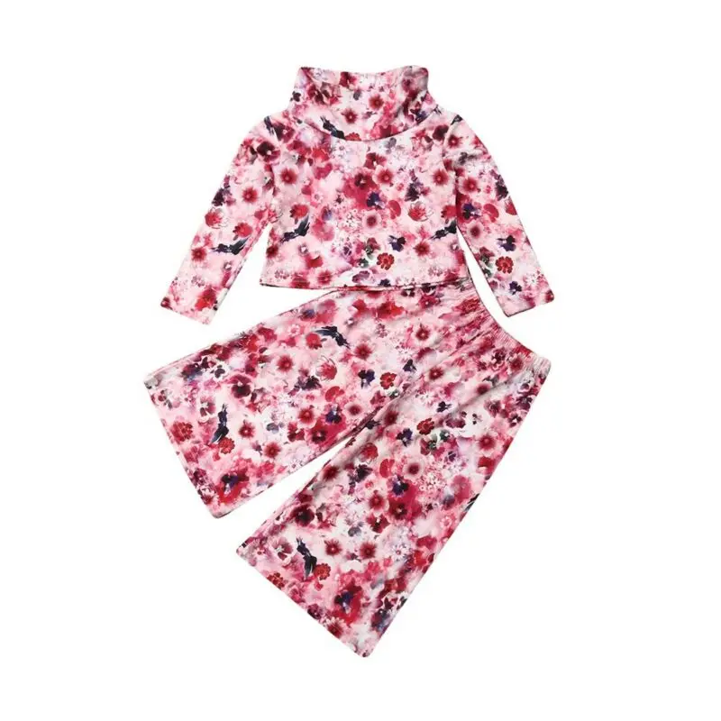 

2019 Toddler Baby Girls Fall Winter Outfits 2Pcs Pink Long Sleeve Floral Printed High Collar Top+Floral Printed Long Pants 1-6Y