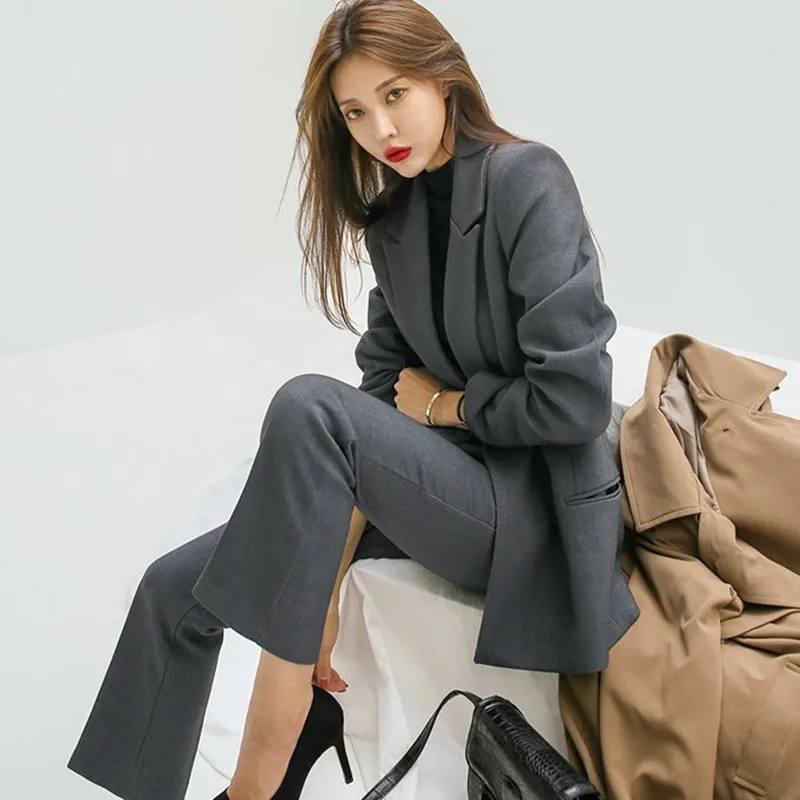 

Осенний элегантный серый женский брючный костюм двубортный пиджак костюм с высокой талией брюки комплект из 2 предметов Женский блейзер