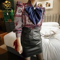 womens autumn 2 pieces sets sweet long sleeve bow print top black leather high waist a line skirt simple work occupation sets