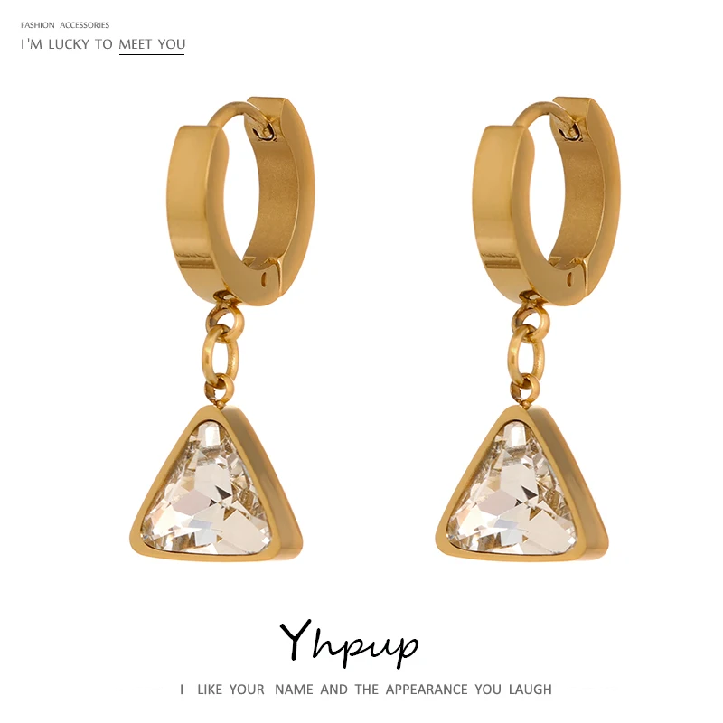 

Yhpup Stainless Steel Cubic Zirconia Dangle Earrings Trendy Geometric Golden Earrings бижутерия для женщин 2021 Wedding Gift