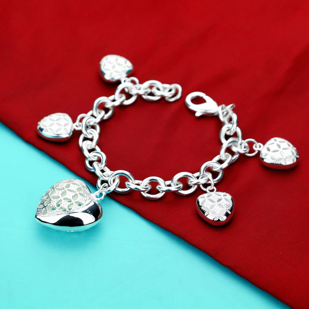 

Hot Sale Luxury Brand Women Bracelet Solid 925 Sterling Silver Jewelry Charm Heart Pendant Chain For Women Bracelet Gift