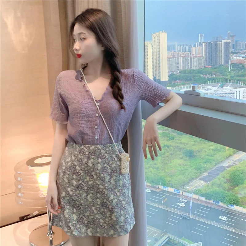

Korean Vintage V-neck Short Sleeve Purple Tops Women + High Waist Chiffon Mini Skirt Two Piece Suit Elegant Fashion Set Y99