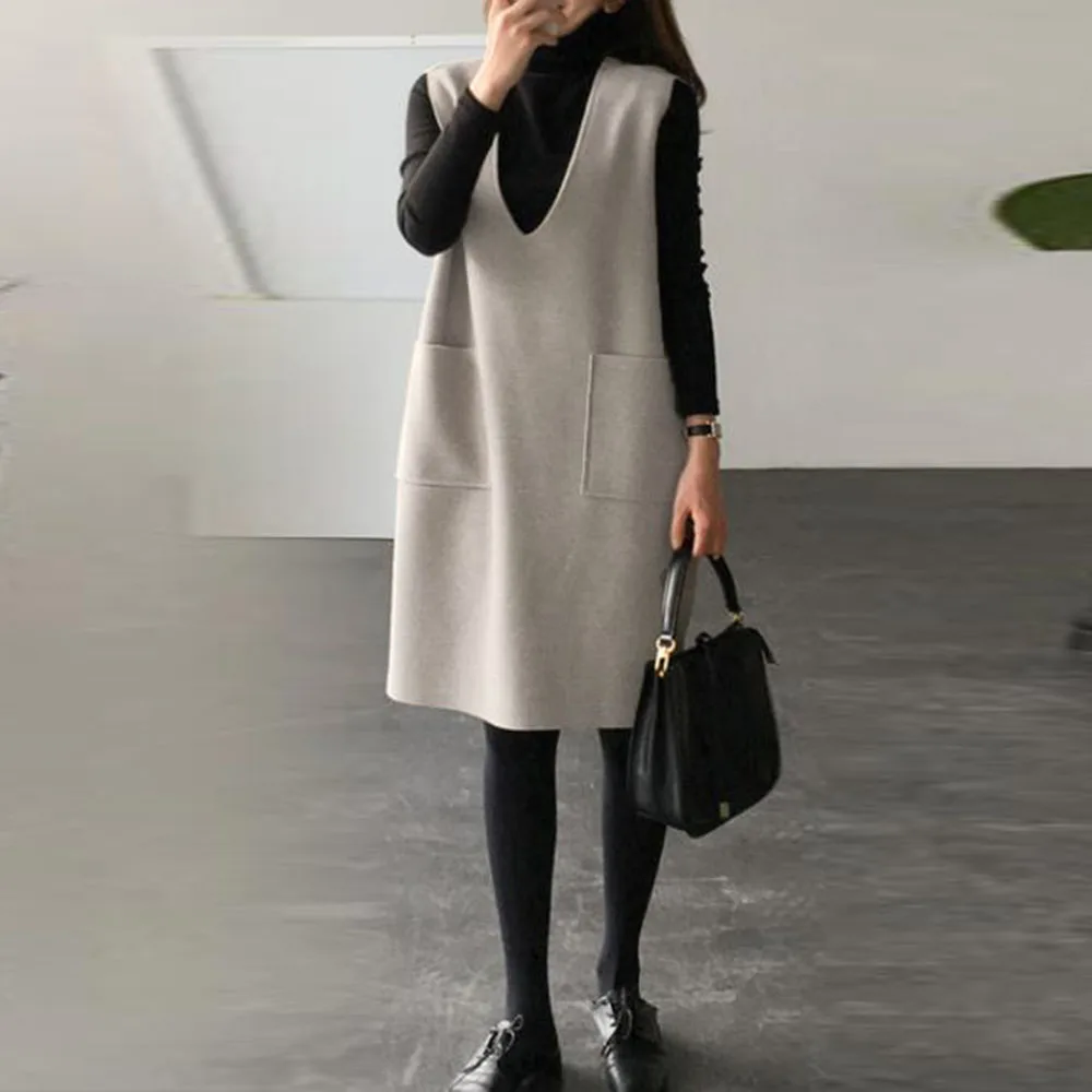 Комплект из двух предметов осенне зимний теплый однотонный Длинный жилет платье