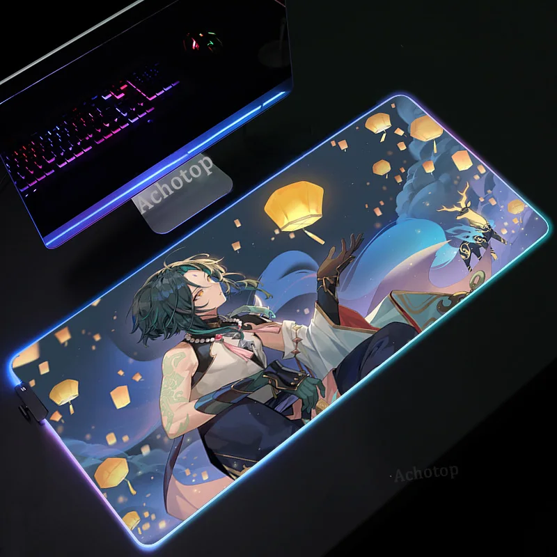 genshin impact anime mouse pad pc gamer rgb computer laptop led keyboard mouse mat xxl luminous large mousepad keyboard desk mat free global shipping