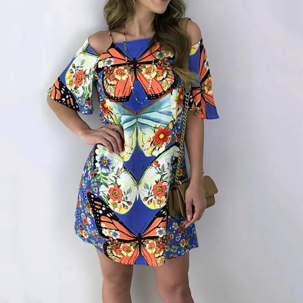 

Женское платье с коротким рукавом и принтом бабочек, свободное мини-платье с открытой спиной и открытыми плечами, повседневные офисные плат...