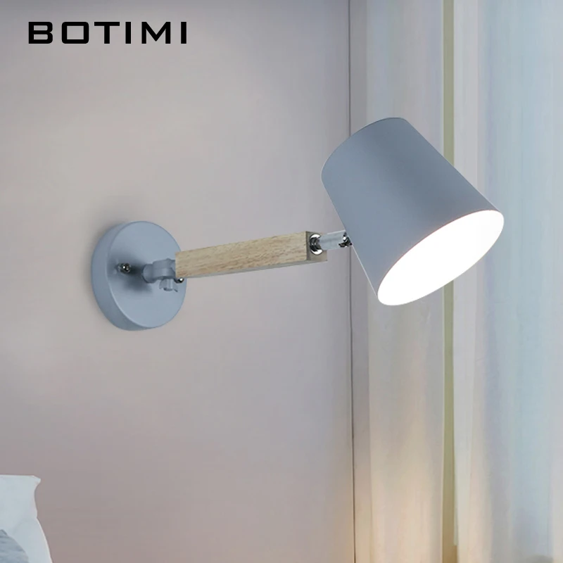 Современный светодиодный настенный светильник BOTIMI с металлическим абажуром для спальни, деревянные настенные бра для чтения, регулируемые прикроватные светильники