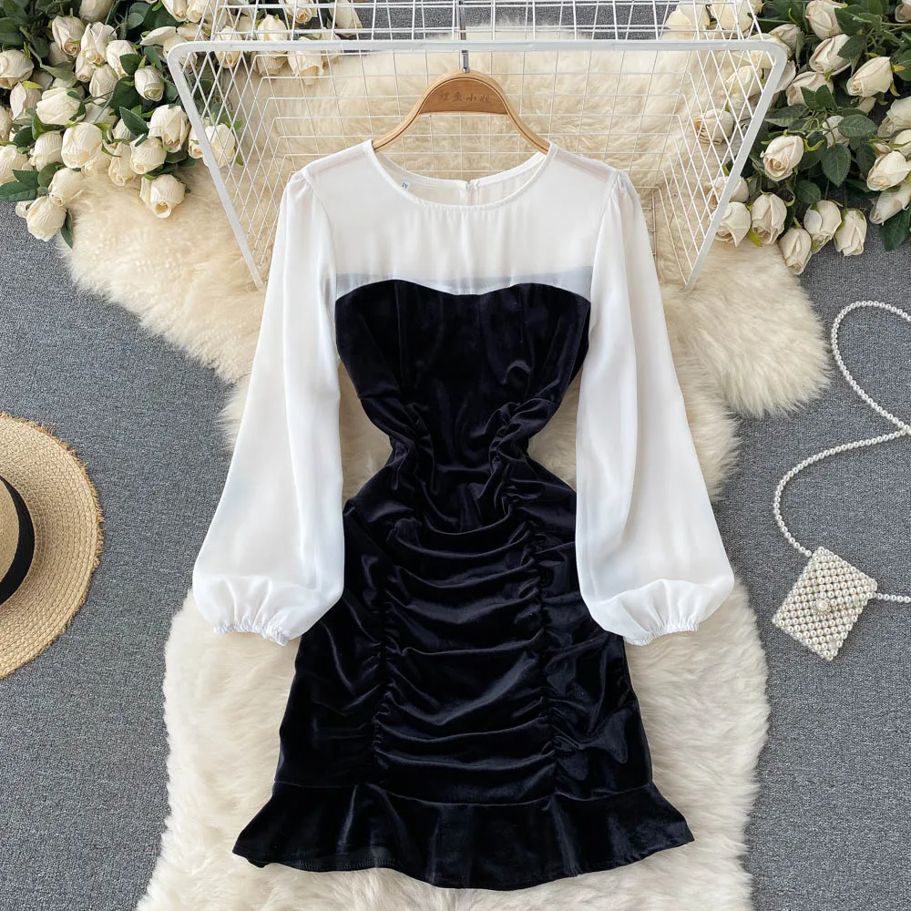

Осеннее черно-белое Бархатное облегающее платье в стиле пэчворк с драпировкой женское Повседневное платье с длинным рукавом и высокой тали...