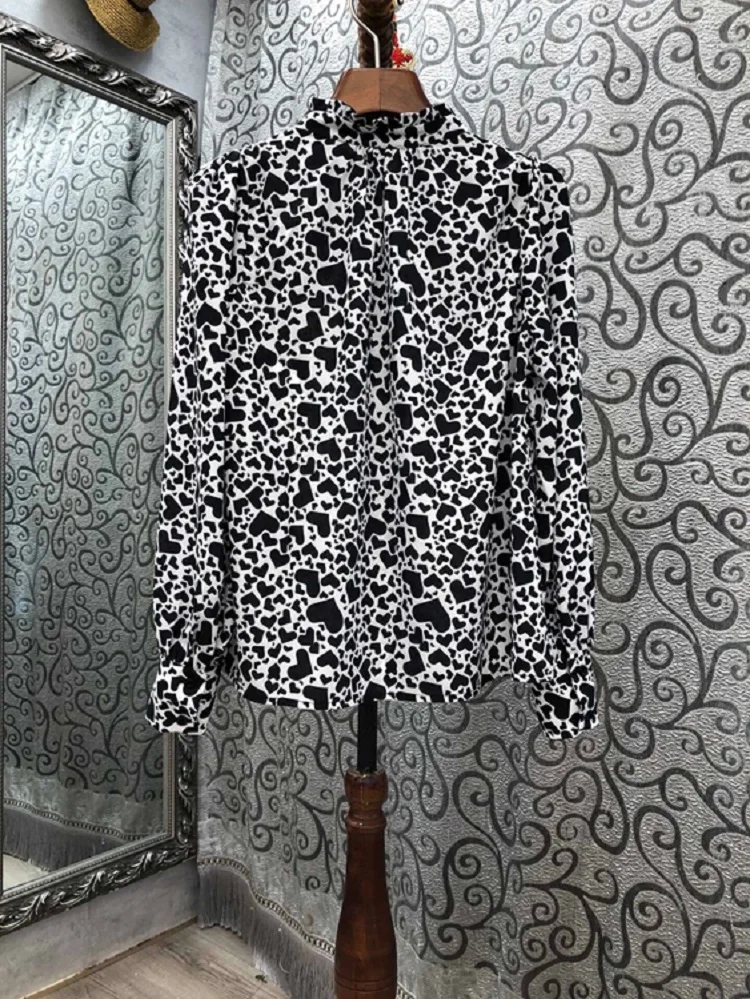 

2020 Autumn Winter Fashion Tops Women Stand Neck Sweetheart Print Long Sleeve Casual Basic Tops Ladies High Quality Silk Tops