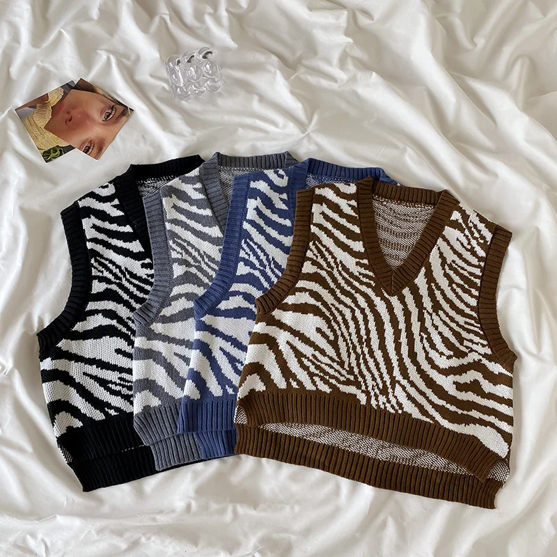 

Винтажный Трикотажный жилет с принтом зебры и V-образным вырезом