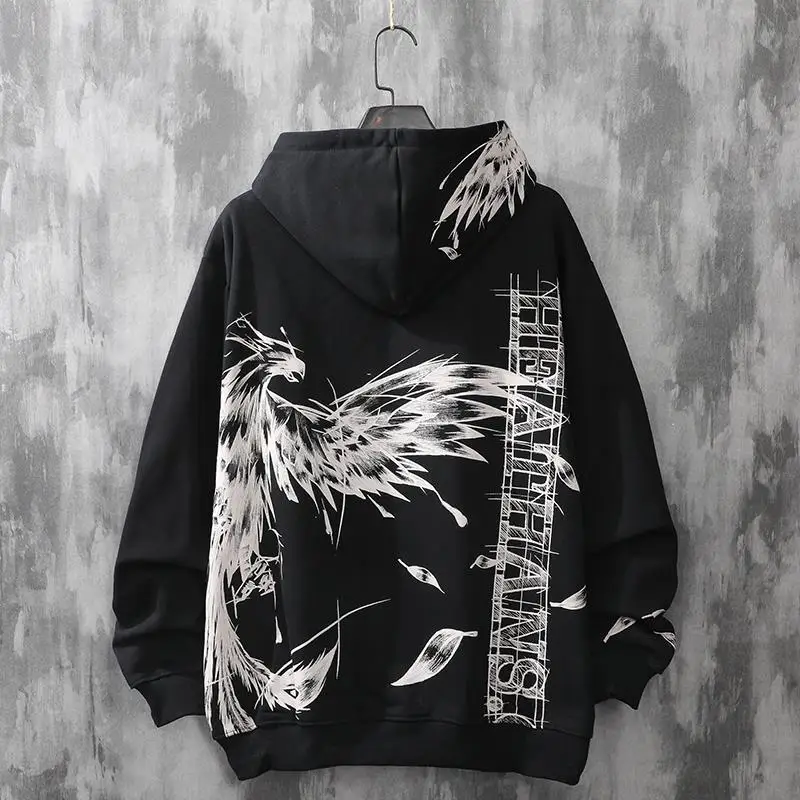 

Black Chinese Hoodie Streetwear Men Hip Hop Bird Print Sweatshirt Girls Cool Tops Casual Funny Spring Autumn Japan Hoodies Male