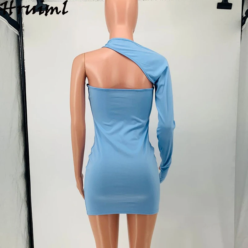 

Wholesale Party Dresses High Waist Long Sleeve One Shoulder Sexy Dress for Women Summer Backless Evening Club Mini Dress Blue