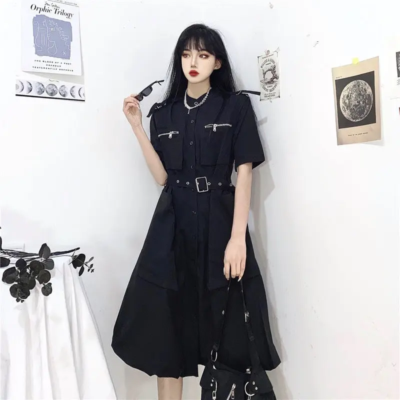 

Dark high-end street fried street waist slimming dress female design sense niche Harajuku style retro A-line skirt y2k tops Punk