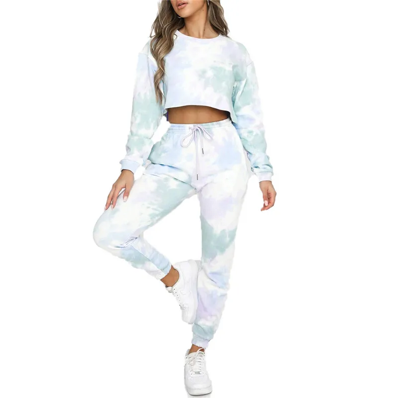 2 Pieces Suit Set Women’ s Tie-Dye Print Round Neck Long Sleeve Crop Top+ Trousers S/M/L/XL/XXL |