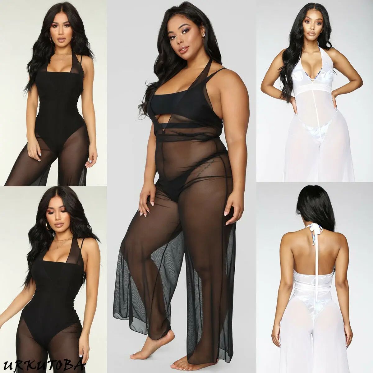 Женский сетчатый комбинезон с v-образным вырезом и открытой спиной широкими