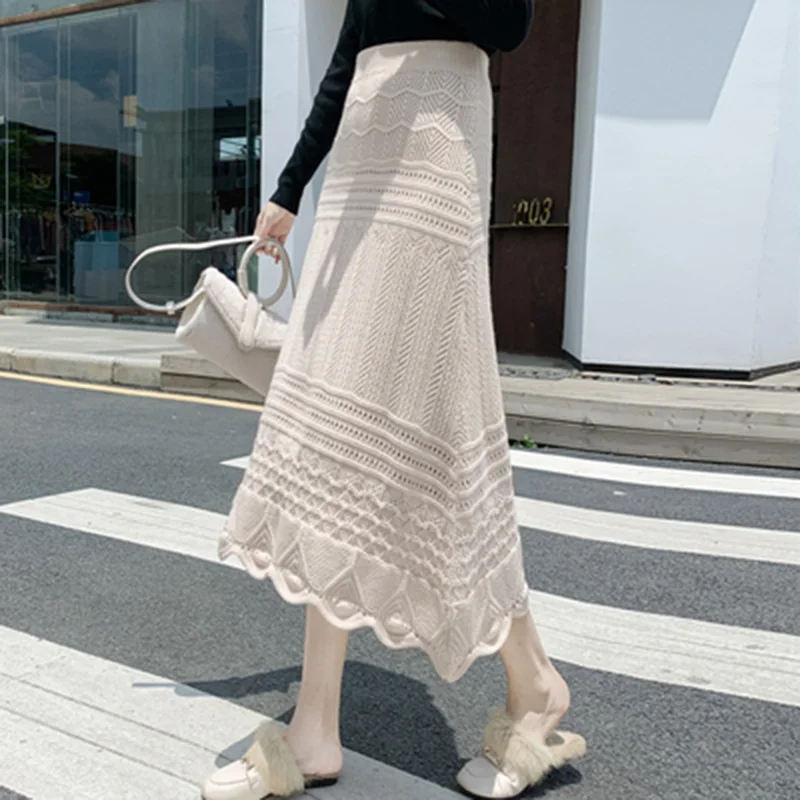 

2020 New Arrival Autumn/winter Korean Style Women Casual High Waist A-line Skirt Cotton Knitted Hollow Out Mid-calf Skirts A730