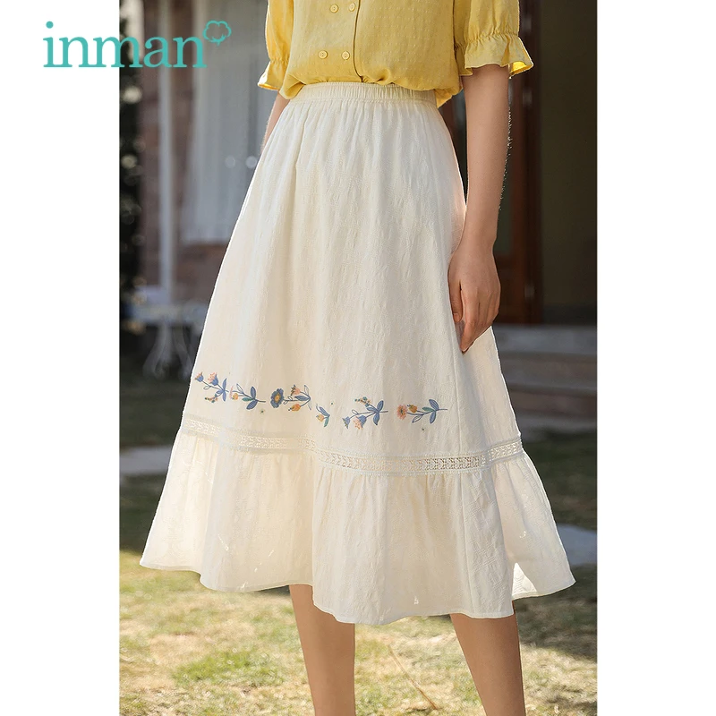 

INMAN Elegant Lady Date Skirt Artsy Dobby Lace Hollow Cut Out Kawaii Girl A Line Stretchable Waist Flower Embroidery Bottom Wear