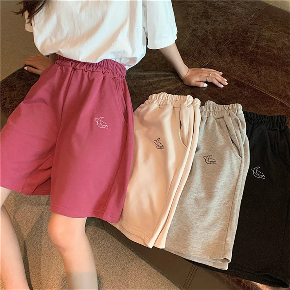 

Women Summer Elastic Waist Casual Beach Party Korean Version Clothing Size High Waist Moon Embroidery Movement Shorts Pant