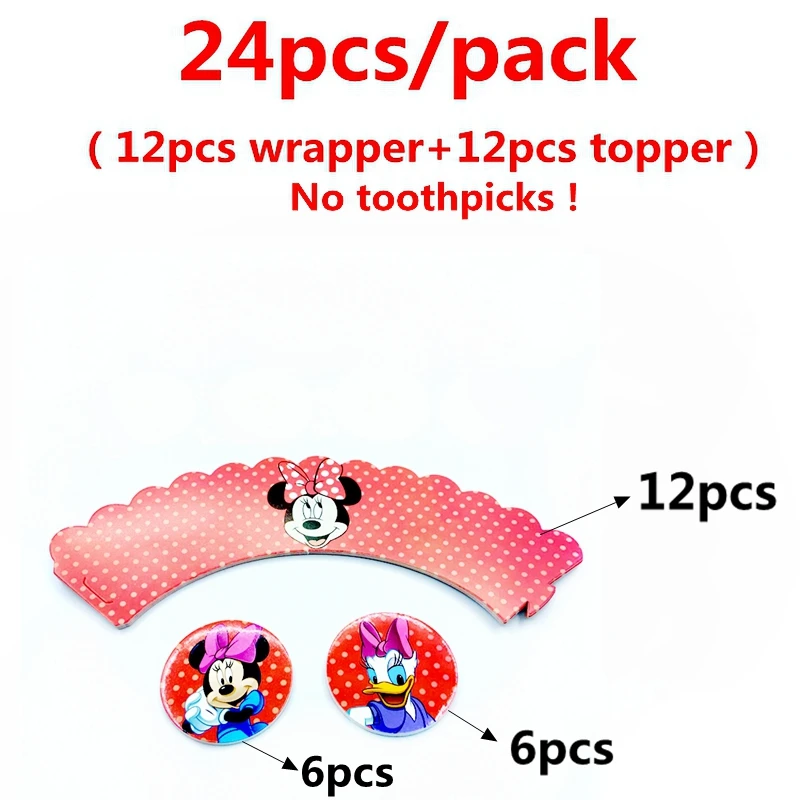 Red Minnie 24 шт мультфильм Микки Минни Принцесса обертки для кексов топперы дети день рождения поставки украшение для свадебного торта - Цвет: Red Minnie